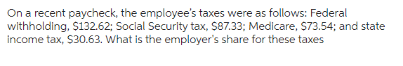 On a recent paycheck, the employee's taxes were as follows: Federal
withholding, $132.62; Social Security tax, $87.33; Medicare, $73.54; and state
income tax, $30.63. What is the employer's share for these taxes