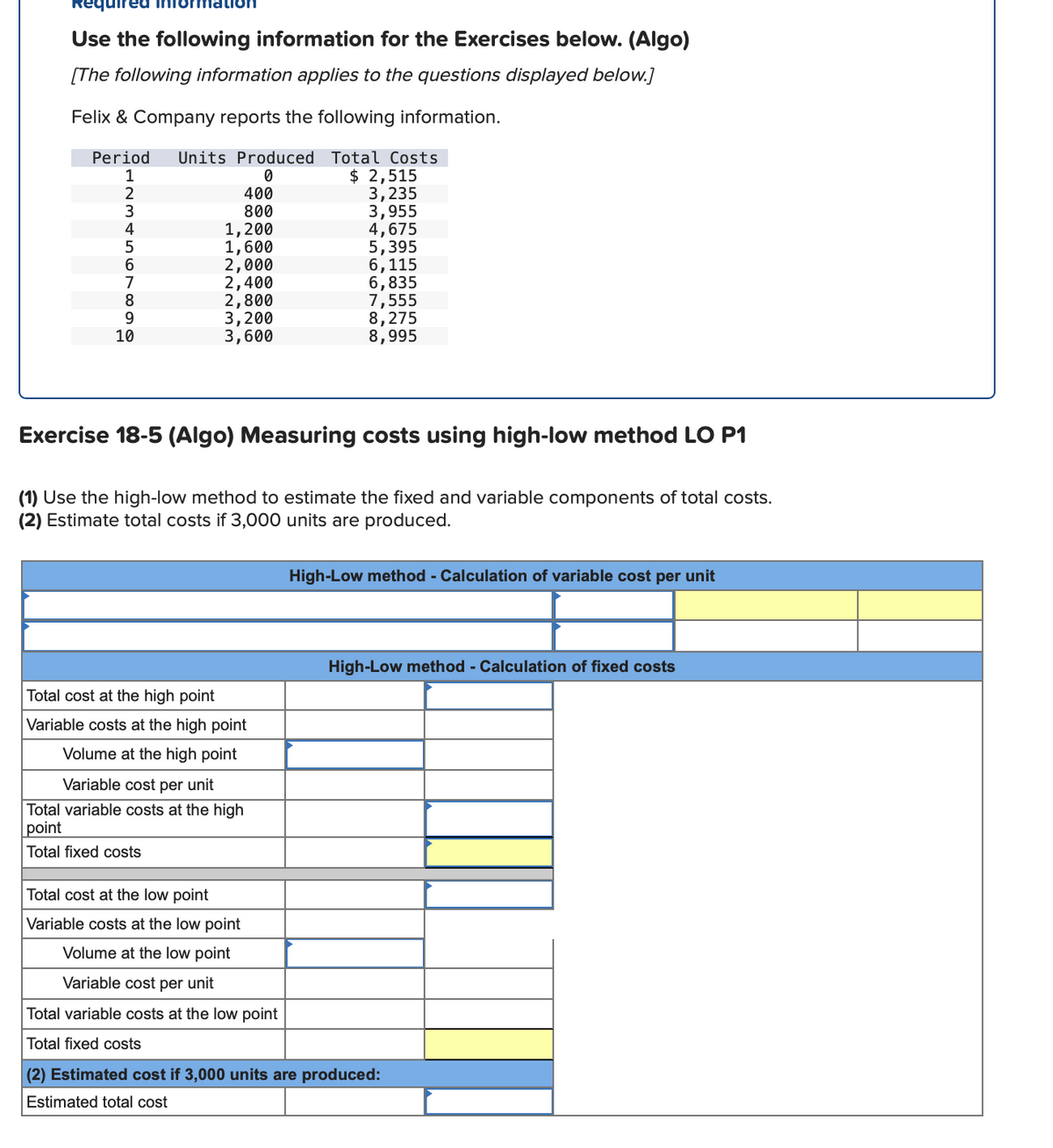 uired intor
Use the following information for the Exercises below. (Algo)
[The following information applies to the questions displayed below.]
Felix & Company reports the following information.
Units Produced Total Costs
$ 2,515
3,235
3,955
4,675
5,395
6,115
6,835
7,555
8,275
8,995
Period
1
2
400
800
1,200
1,600
2,000
2,400
2,800
3,200
3,600
4
6.
7
10
Exercise 18-5 (Algo) Measuring costs using high-low method LO P1
(1) Use the high-low method to estimate the fixed and variable components of total costs.
(2) Estimate total costs if 3,000 units are produced.
High-Low method - Calculation of variable cost per unit
High-Low method - Calculation of fixed costs
Total cost at the high point
Variable costs at the high point
Volume at the high point
Variable cost per unit
Total variable costs at the high
point
Total fixed costs
Total cost at the low point
Variable costs at the low point
Volume at the low point
Variable cost per unit
Total variable costs at the low point
Total fixed costs
(2) Estimated cost if 3,000 units are produced:
Estimated total cost
