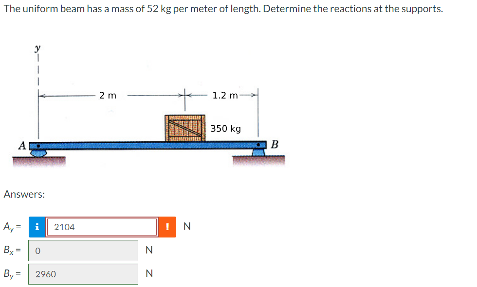 The uniform beam has a mass of 52 kg per meter of length. Determine the reactions at the supports.
A
y
Answers:
=
i 2104
Bx= 0
2960
2 m
N
N
N
1.2 m
350 kg
B