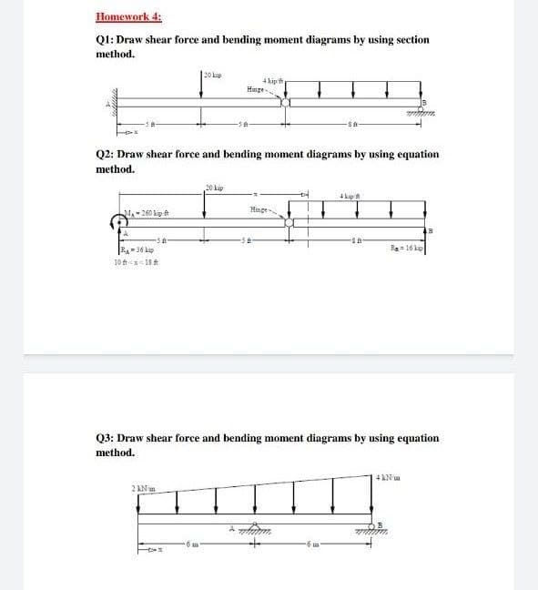Homework 4:
QI: Draw shear force and bending moment diagrams by using section
method.
20 k
4 kip f
Hinge
Q2: Draw shear force and bending moment diagrams by using equation
method.
20 Lip
- 260 kip it
Hinge
RA= 36 kap
10 fx-18
R= 16 kg
Q3: Draw shear force and bending moment diagrams by using equation
method.
2 AN m
