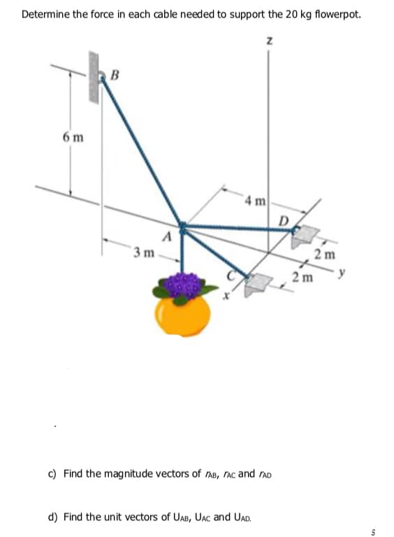 Determine the force in each cable needed to support the 20 kg flowerpot.
B
6 m
4 m
D
2 m
3 m
2 m
c) Find the magnitude vectors of AB, rac and rAD
d) Find the unit vectors of UAB, UAc and UAD.
