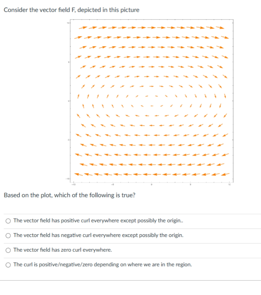 Consider the vector field F, depicted in this picture
Based on the plot, which of the following is true?
O The vector field has positive curl everywhere except possibly the origin..
The vector field has negative curl everywhere except possibly the origin.
The vector field has zero curl everywhere.
O The curl is positive/negative/zero depending on where we are in the region.