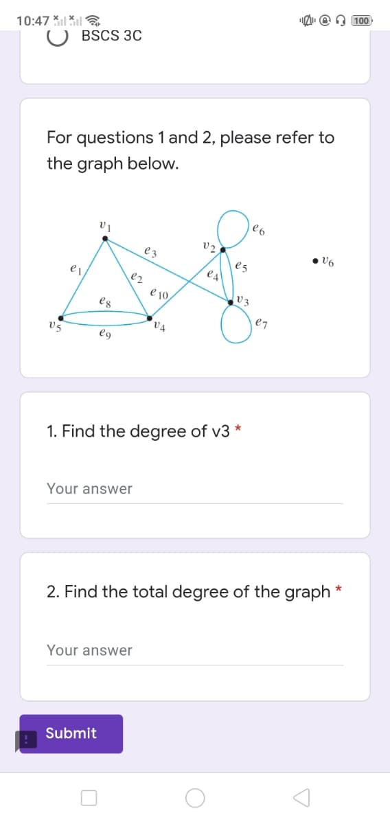 @ O 100
10:47 *| *|
O BSCS 3C
For questions 1 and 2, please refer to
the graph below.
v2
e3
• V6
e5
e4
e2
e 10
V3
eg
e7
V4
V5
eg
1. Find the degree of v3 *
Your answer
2. Find the total degree of the graph
Your answer
Submit
