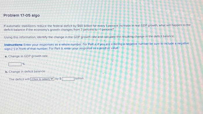 Problem 17-05 algo
If automatic stabilizers reduce the federal deficit by $60 billion for every 1 percent increase in real GDP growth, what will happen to the
deficit balance if the economy's growth changes from 3 percent to -1 percent?
Using this information, identify the change in the GDP growth rate and calculate the resulting change in the deficit balance.
Instructions: Enter your responses as a whole number. For Part a, if you are entering a negative number be sure to include a negative
sign (-) in front of that number. For Part b, enter your response as a positive value.
a. Change in GDP growth rate
b. Change in deficit balance
The deficit will [(Click to select) by $[
billion.