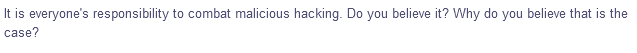 It is everyone's responsibility to combat malicious hacking. Do you believe it? Why do you believe that is the
case?
