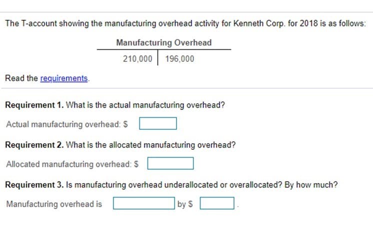 The T-account showing the manufacturing overhead activity for Kenneth Corp. for 2018 is as follows:
Manufacturing Overhead
210,000 196,000
Read the requirements.
Requirement 1. What is the actual manufacturing overhead?
Actual manufacturing overhead: S
Requirement 2. What is the allocated manufacturing overhead?
Allocated manufacturing overhead: S
Requirement 3. Is manufacturing overhead underallocated or overallocated? By how much?
Manufacturing overhead is
by $
