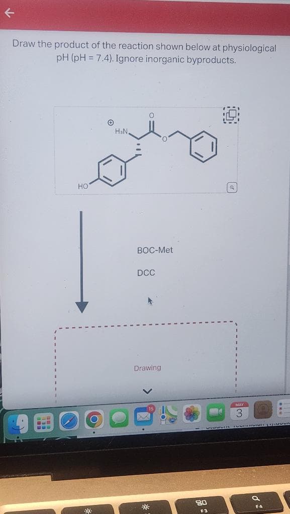 ←
Draw the product of the reaction shown below at physiological
pH (pH = 7.4). Ignore inorganic byproducts.
300
330
HO
O
H&N
O
BOC-Met
DCC
Drawing
20:
80
F3
0
Q
MAY
3
HIGH T