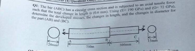 determine the developed stresses, the changes in length, and the changes in diameter for
such that the total change in length is (0.6 mm). Using (E= 190 GPa) and (G= 72 GPa),
Questions
Q1: The bar (ABC) has a circular cross section and is subjected to an axial tensile force
the part (AB) and (BC).
B.
15mm
20mm
500mm
750m

