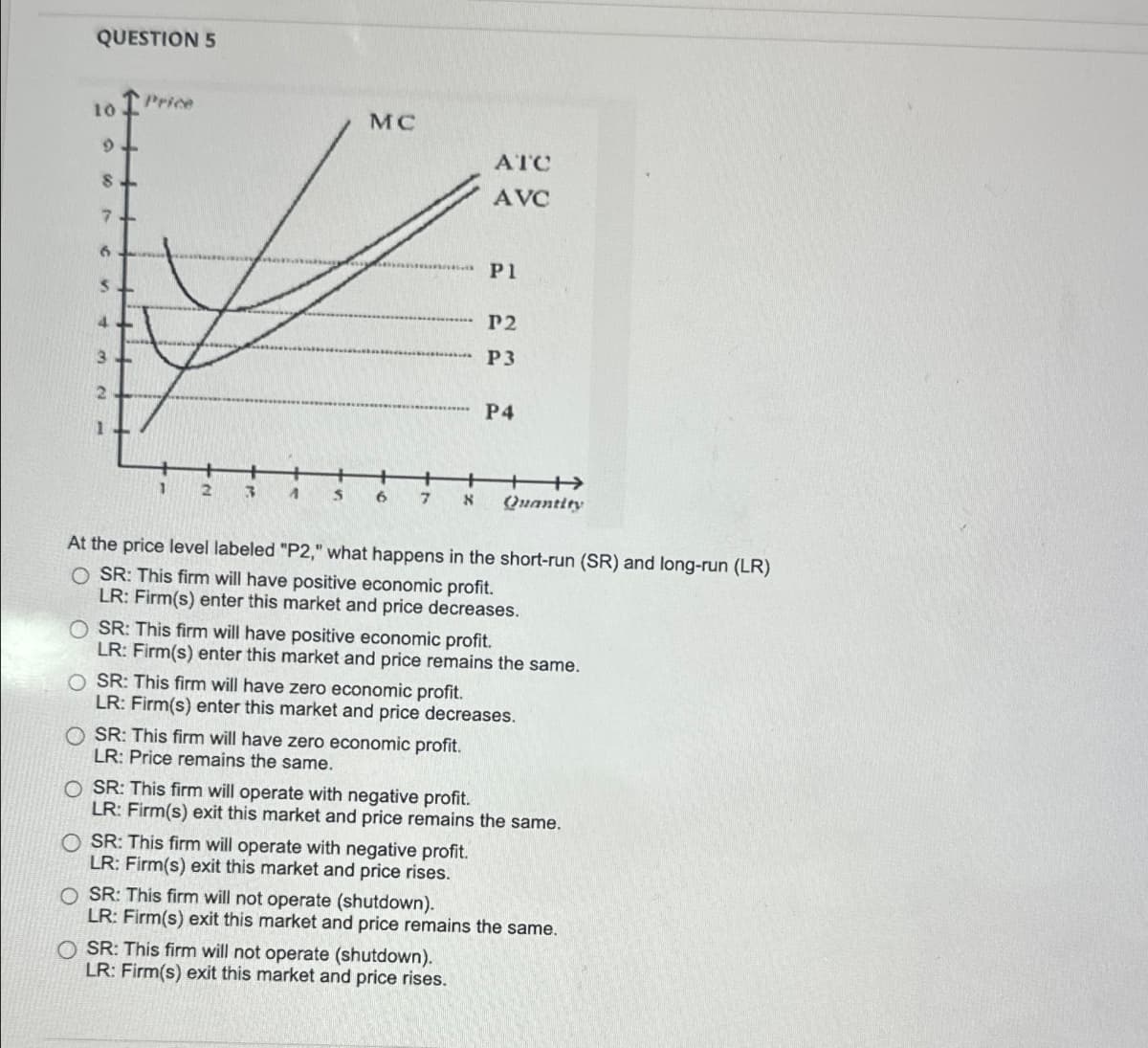 QUESTION 5
Price
10
97
8-
7+
6
3
2
MC
ATC
AVC
Pl
P2
P3
P4
+
+
1
2
3
1
S
6
7
N
Quantity
At the price level labeled "P2," what happens in the short-run (SR) and long-run (LR)
O SR: This firm will have positive economic profit.
LR: Firm(s) enter this market and price decreases.
SR: This firm will have positive economic profit.
LR: Firm(s) enter this market and price remains the same.
SR: This firm will have zero economic profit.
LR: Firm(s) enter this market and price decreases.
SR: This firm will have zero economic profit.
LR: Price remains the same.
OSR: This firm will operate with negative profit.
LR: Firm(s) exit this market and price remains the same.
OSR: This firm will operate with negative profit.
LR: Firm(s) exit this market and price rises.
OSR: This firm will not operate (shutdown).
LR: Firm(s) exit this market and price remains the same.
OSR: This firm will not operate (shutdown).
LR: Firm(s) exit this market and price rises.