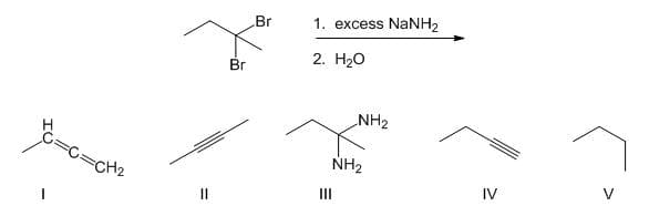 CH₂
Br
Br
1. excess NaNH2
2. H₂O
III
NH2
NH2
IV