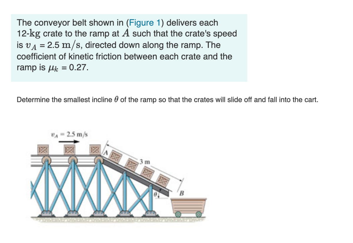 The conveyor belt shown in (Figure 1) delivers each
12-kg crate to the ramp at A such that the crate's speed
is VA = 2.5 m/s, directed down along the ramp. The
coefficient of kinetic friction between each crate and the
ramp is uk = 0.27.
Determine the smallest incline 0 of the ramp so that the crates will slide off and fall into the cart.
2.5 m/s

