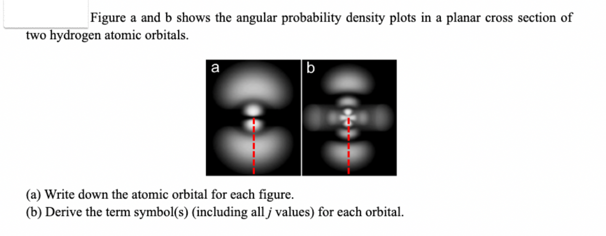 Figure a and b shows the angular probability density plots in a planar cross section of
two hydrogen atomic orbitals.
a
b
(a) Write down the atomic orbital for each figure.
(b) Derive the term symbol(s) (including all j values) for each orbital.