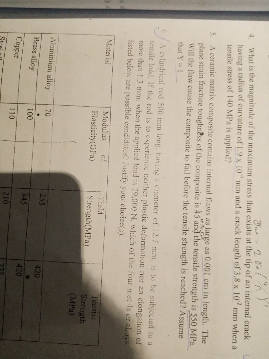 What is the magnitude of the maximum stress that exists at the tip of an internal crack
having a radius of curvature of 1.9 x 10" mm and a crack length of 3.8 x 10 mm when a
tensile stress of 140 MPa is applied?
4.
5. A ceramic matrix composite contains internal flaws as large as 0.001 cm in length. The
plane strain fracture toughness of the composite is 45 and the tensile strength is 550 MPa.
Will the flaw cause the composite to fail before the tensile strength is reached? Assume
that Y 1
A cylindrical rod 500 mm long, having a diameter of 12.7 mm, is to be subjected to a
tensile load. If the rod is to experience neither plastic deformation nor an elongation of
more than 1.3 mm. when the applied load is 29,000 N, which of the four met ls or alloys
listed below are possible cardidates? Justify your choice(s).
Materia!
Modulus
of
Yield
Tensiie
Strength
(MPa)
Elasticity(GPa)
Strength(MPa)
Aluminium alloy
70
255
420
Brass alloy
100
345
420
Сopper
110
210
