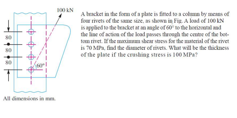 100 kN
A bracket in the form of a plate is fitted to a column by means of
four rivets of the same size, as shown in Fig. A load of 100 kN
is applied to the bracket at an angle of 60° to the horizontal and
the line of action of the load passes through the centre of the bot-
tom rivet. If the maximum shear stress for the material of the rivet
is 70 MPa, find the diameter of rivets. What will be the thickness
of the plate if the crushing stress is 100 MPa?
80
80
80
60°
All dimensions in mm.
