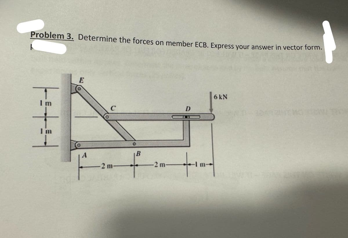 Problem 3. Determine the forces on member ECB. Express your answer in vector form.
ト
E
A
-2 m-
B
D
-2 m-
-I m
6 kN
DARBINT MO 13