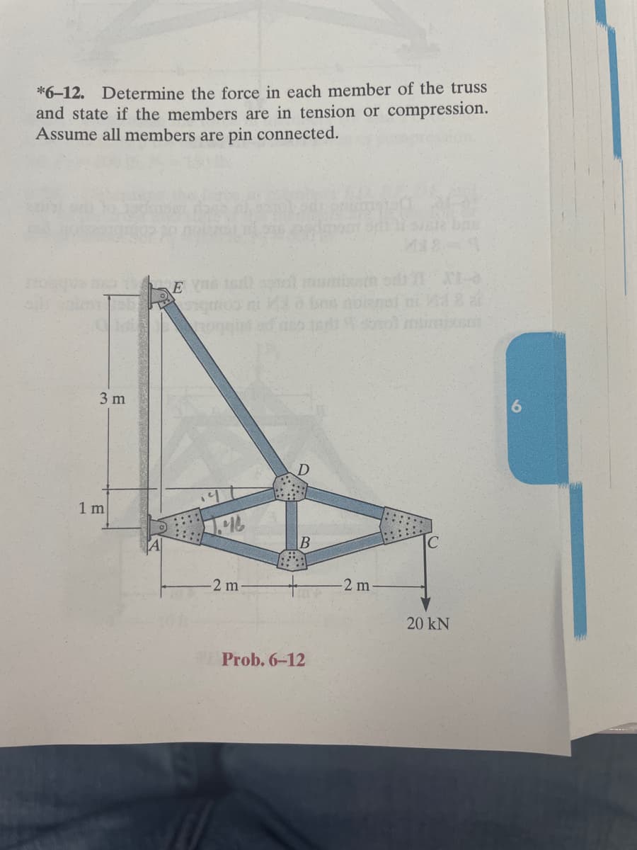 *6-12. Determine the force in each member of the truss
and state if the members are in tension or compression.
Assume all members are pin connected.
E
oge
3 m
1 m
2 m
-2 m
20 kN
Prob. 6-12
