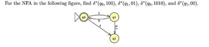 For the NFA in the following figure, find 6 (g0, 100), 8 (41,01), 8 (40, 1010), and 8*(q1,00).
q1
92
