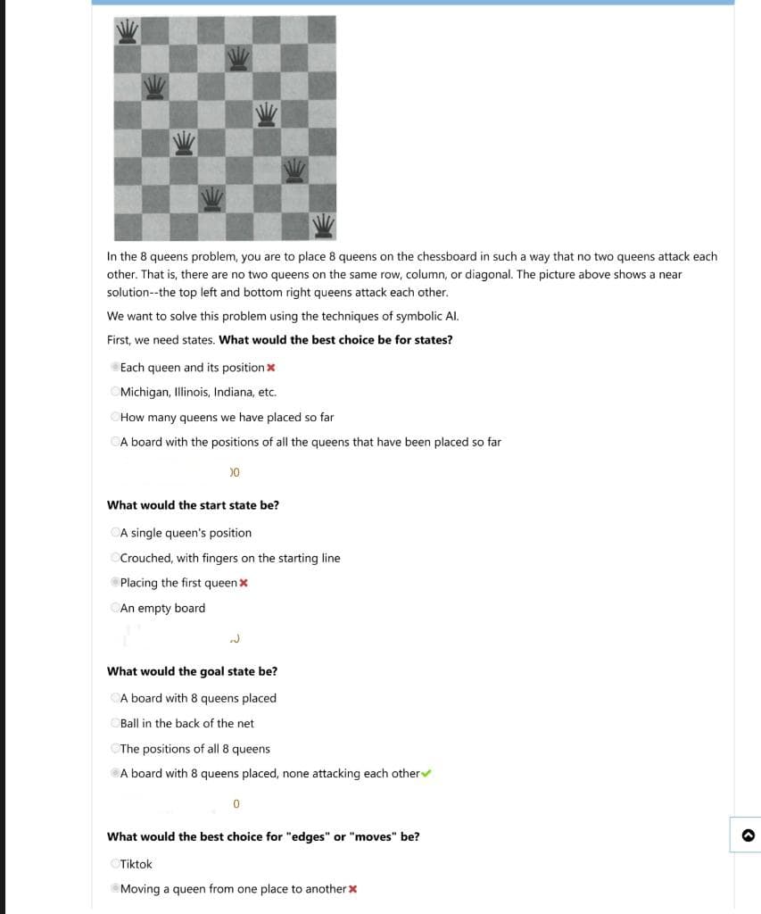 业
In the 8 queens problem, you are to place 8 queens on the chessboard in such a way that no two queens attack each
other. That is, there are no two queens on the same row, column, or diagonal. The picture above shows a near
solution--the top left and bottom right queens attack each other.
We want to solve this problem using the techniques of symbolic Al.
First, we need states. What would the best choice be for states?
Each queen and its position x
Michigan, Illinois, Indiana, etc.
How many queens we have placed so far
A board with the positions of all the queens that have been placed so far
00
What would the start state be?
A single queen's position
Crouched, with fingers on the starting line
Placing the first queen x
An empty board
What would the goal state be?
CA board with 8 queens placed
Ball in the back of the net
The positions of all 8 queens
A board with 8 queens placed, none attacking each otherv
What would the best choice for "edges" or "moves" be?
Tiktok
Moving a queen from one place to another x
