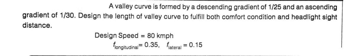 A valley curve is formed by a descending gradient of 1/25 and an ascending
gradient of 1/30. Design the length of valley curve to fulfill both comfort condition and headlight sight
distance.
Design Speed = 80 kmph
flongitudinal=0.35, flateral = 0.15