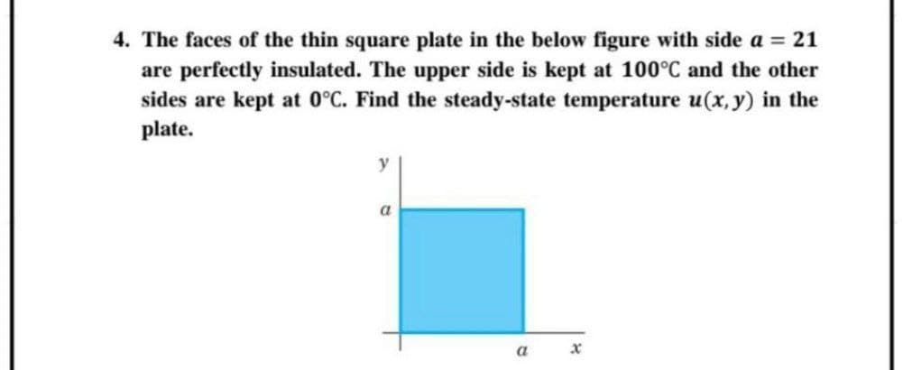 4. The faces of the thin square plate in the below figure with side a = 21
are perfectly insulated. The upper side is kept at 100°C and the other
sides are kept at 0°C. Find the steady-state temperature u(x, y) in the
plate.
y
a
a
x