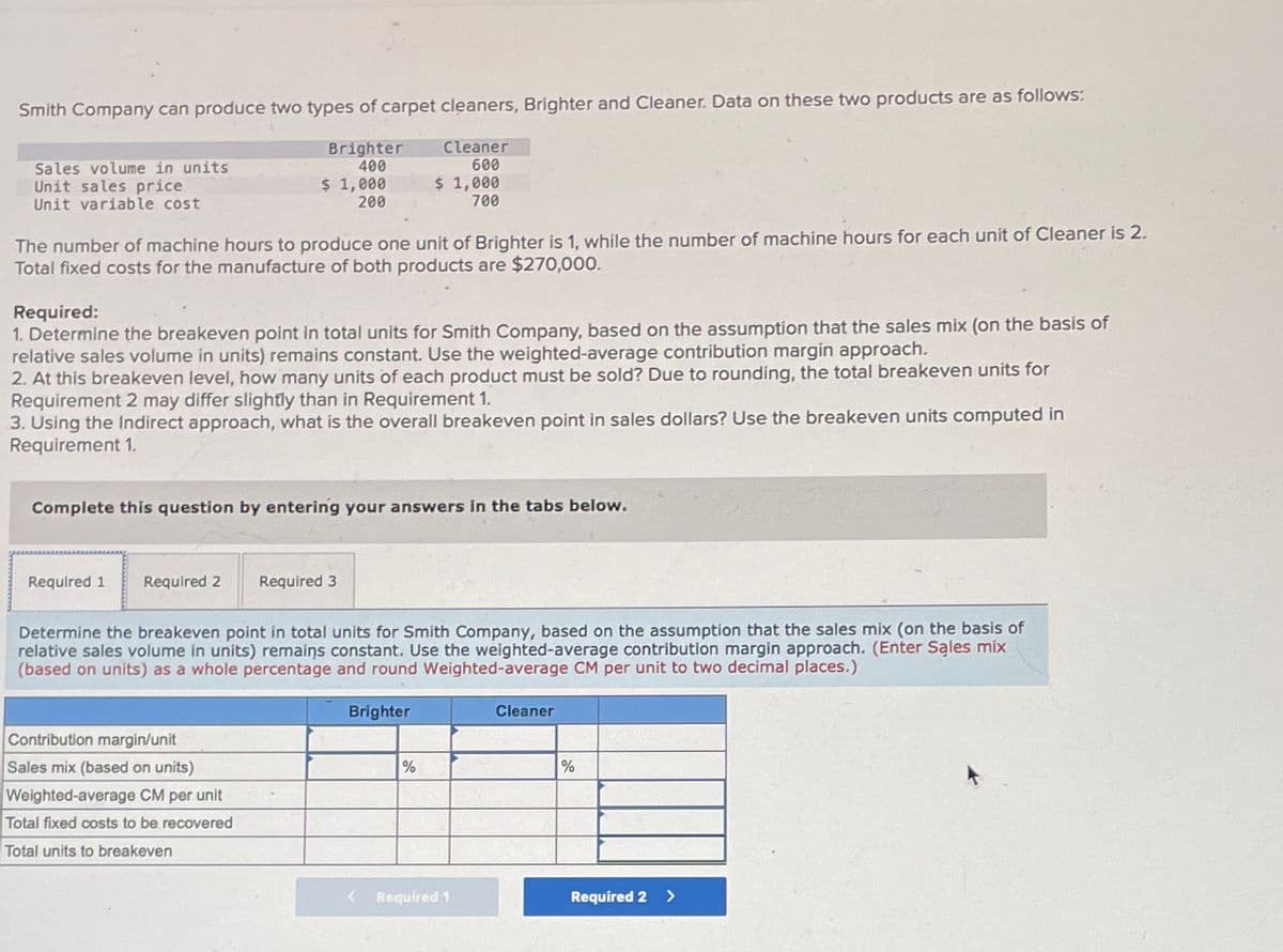 Smith Company can produce two types of carpet cleaners, Brighter and Cleaner. Data on these two products are as follows:
Sales volume in units
Brighter
400
Cleaner
600
Unit sales price
Unit variable cost
$ 1,000
200
$ 1,000
700
The number of machine hours to produce one unit of Brighter is 1, while the number of machine hours for each unit of Cleaner is 2.
Total fixed costs for the manufacture of both products are $270,000.
Required:
1. Determine the breakeven point in total units for Smith Company, based on the assumption that the sales mix (on the basis of
relative sales volume in units) remains constant. Use the weighted-average contribution margin approach.
2. At this breakeven level, how many units of each product must be sold? Due to rounding, the total breakeven units for
Requirement 2 may differ slightly than in Requirement 1.
3. Using the Indirect approach, what is the overall breakeven point in sales dollars? Use the breakeven units computed in
Requirement 1.
Complete this question by entering your answers in the tabs below.
Required 1
Required 2
Required 3
Determine the breakeven point in total units for Smith Company, based on the assumption that the sales mix (on the basis of
relative sales volume in units) remains constant. Use the weighted-average contribution margin approach. (Enter Sales mix
(based on units) as a whole percentage and round Weighted-average CM per unit to two decimal places.)
Contribution margin/unit
Sales mix (based on units)
Weighted-average CM per unit
Total fixed costs to be recovered
Total units to breakeven
Brighter
%
Cleaner
%
<
Required 1
Required 2 >