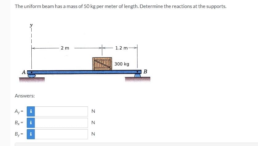 The uniform beam has a mass of 50 kg per meter of length. Determine the reactions at the supports.
y
2 m
1.2 m-
300 kg
A
B
Answers:
Ay
i
N
Bx =
i
N
By = i
z z z
