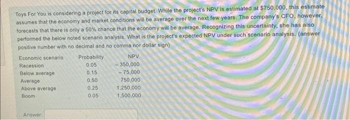 Toys For You is considering a project for its capital budget. While the project's NPV is estimated at $750,000, this estimate
assumes that the economy and market conditions will be average over the next few years. The company's CFO, however.
forecasts that there is only a 50% chance that the economy will be average. Recognizing this uncertainty, she has also
performed the below noted scenario analysis. What is the project's expected NPV under such scenario analysis. (answer
positive number with no decimal and no comma nor dollar sign)
Economic scenario
Recession
Below average
Average
Above average
Boom
Answer:
Probability
0.05
0.15
0,50
0.25
0.05
NPV
-350,000
-75,000
750,000
1,250,000
1,500,000