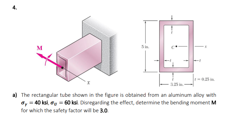 4.
M
5 in.
t = 0.25 in.
3.25 in.
a) The rectangular tube shown in the figure is obtained from an aluminum alloy with
oy = 40 ksi, oy = 60 ksi. Disregarding the effect, determine the bending moment M
for which the safety factor will be 3.0.
