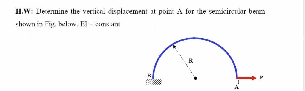 H.W: Determine the vertical displacement at point A for the semicircular beam
shown in Fig. below. EI constant
R
B
