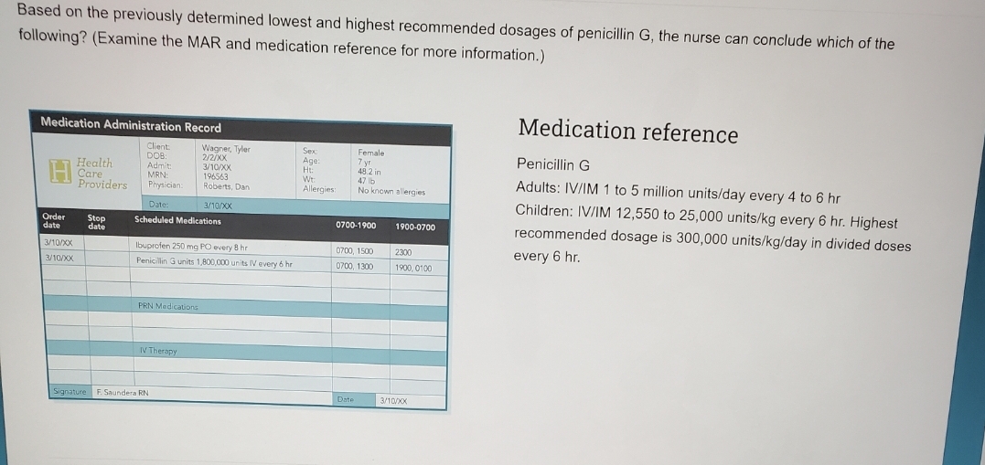 Based on the previously determined lowest and highest recommended dosages of penicillin G, the nurse can conclude which of the
following? (Examine the MAR and medication reference for more information.)
Medication reference
Medication Administration Record
Client
DOB:
Admit:
MRN:
Physician:
Wagner, Tyler
2/2/XX
3/10/XX
196563
Roberts, Dan
Sex:
Age:
Ht:
Female
7 yr
48.2 in
47 lb
Penicillin G
H
Health
Care
Providers
Adults: IV/IM 1 to 5 million units/day every 4 to 6 hr
Wt:
Allergies:
No known allergies
Children: IV/IM 12,550 to 25,000 units/kg every 6 hr. Highest
Date:
3/10/XX
Order
date
Scheduled Medications
Stop
date
0700-1900
1900-0700
recommended dosage is 300,000 units/kg/day in divided doses
3/10/XX
Ibuprofen 250 mg PO every 8 hr
0700, 1500
2300
every 6 hr.
3/10/XX
Penicillin G units 1,800,000 units IV every 6 hr
0700, 1300
1900, 0100
PRN Medications
IV Therapy
Signature F. Saundera RN
3/10/XX
Date
