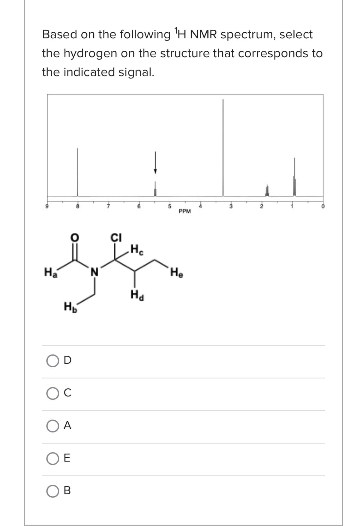Based on the following ¹H NMR spectrum, select
the hydrogen on the structure that corresponds to
the indicated signal.
9
Ha
H₂
D
с
A
E
OB
پر
N
-Z
CI
Hc
Hd
PPM
He
3
2