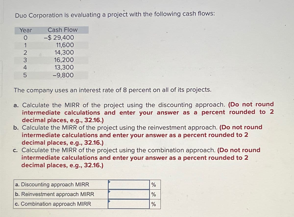 Duo Corporation is evaluating a project with the following cash flows:
Year
012345
Cash Flow
-$29,400
11,600
14,300
16,200
13,300
-9,800
The company uses an interest rate of 8 percent on all of its projects.
a. Calculate the MIRR of the project using the discounting approach. (Do not round
intermediate calculations and enter your answer as a percent rounded to 2
decimal places, e.g., 32.16.)
b. Calculate the MIRR of the project using the reinvestment approach. (Do not round
intermediate calculations and enter your answer as a percent rounded to 2
decimal places, e.g., 32.16.)
c. Calculate the MIRR of the project using the combination approach. (Do not round
intermediate calculations and enter your answer as a percent rounded to 2
decimal places, e.g., 32.16.)
a. Discounting approach MIRR
b. Reinvestment approach MIRR
c. Combination approach MIRR
%
%
%