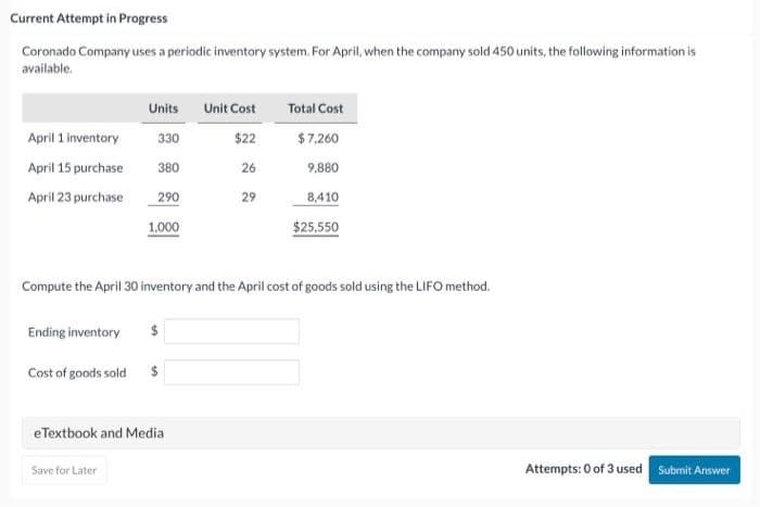 Current Attempt in Progress
Coronado Company uses a periodic inventory system. For April, when the company sold 450 units, the following information is
available.
April 1 inventory
April 15 purchase
April 23 purchase
Units
330
380
290
Ending inventory
1,000
$
Cost of goods sold $
Unit Cost
$22
26
eTextbook and Media
Save for Later
29
Compute the April 30 inventory and the April cost of goods sold using the LIFO method.
Total Cost
$7,260
9,880
8,410
$25,550
Attempts: 0 of 3 used Submit Answer