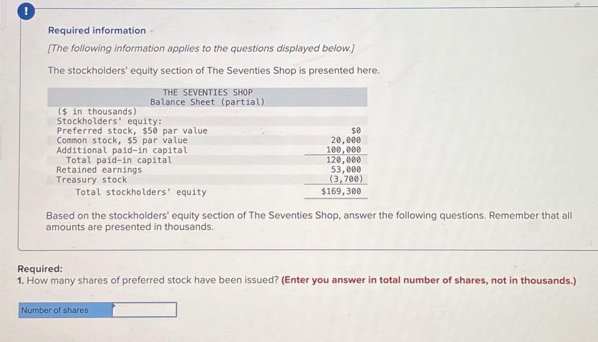 !
Required information -
[The following information applies to the questions displayed below.]
The stockholders' equity section of The Seventies Shop is presented here.
THE SEVENTIES SHOP
Balance Sheet (partial)
($ in thousands)
Stockholders' equity:
Preferred stock, $50 par value
Common stock, $5 par value
Additional paid-in capital
Total paid-in capital
Retained earnings
Treasury stock
Total stockholders' equity
$0
20,000
100,000
120,000
53,000
(3,700)
$169,300
Based on the stockholders' equity section of The Seventies Shop, answer the following questions. Remember that all
amounts are presented in thousands.
Number of shares
Required:
1. How many shares of preferred stock have been issued? (Enter you answer in total number of shares, not in thousands.)