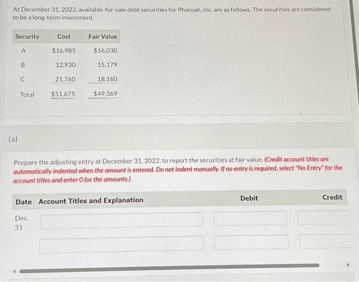 At December 31, 2022, available-for-sale debt securities for Pharoah, Inc. are as follows. The securities are considered
to be a long-term investment.
Security
(a)
A
B
C
Total
Cost
$16,985
12,930
21,760
$51,675
Fair Value
$16.030
15,179
18,160
$49,369
Prepare the adjusting entry at December 31, 2022, to report the securities at fair value. (Credit account titles are
automatically indented when the amount is entered. Do not indent manually. If no entry is required, select "No Entry" for the
account titles and enter O for the amounts.)
Date Account Titles and Explanation
Dec.
31
Debit
Credit