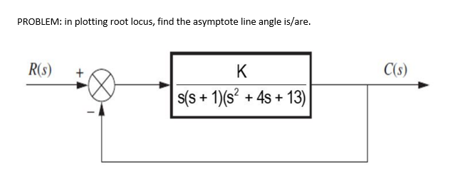 PROBLEM: in plotting root locus, find the asymptote line angle is/are.
R(S)
+
K
s(s+ 1)(s² + 4s +13)
C(s)