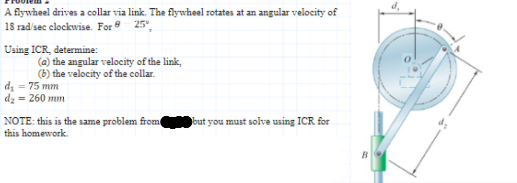 A flywheel drives a collar via link. The flywheel rotates at an angular velocity of
18 rad/sec clockwise. For 25°
2
Using ICR, determine:
(a) the angular velocity of the link,
(b) the velocity of the collar.
d₁ = 75 mm
d₂ = 260 mm
NOTE: this is the same problem from
this homework.
but you must solve using ICR for
B