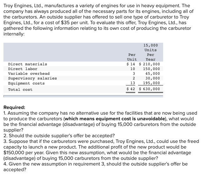 Troy Engines, Ltd., manufactures a variety of engines for use in heavy equipment. The
company has always produced all of the necessary parts for its engines, including all of
the carburetors. An outside supplier has offered to sell one type of carburetor to Troy
Engines, Ltd., for a cost of $35 per unit. To evaluate this offer, Troy Engines, Ltd., has
gathered the following information relating to its own cost of producing the carburetor
internally:
Direct materials
Direct labor
Variable overhead
Supervisory salaries
Equipment costs
Total cost
15,000
Units
Per
Per
Unit
Year
$ 14 $ 210,000
10
150,000
3
45,000
30,000
195,000
$630,000
2
13
$ 42
Required:
1. Assuming the company has no alternative use for the facilities that are now being used
to produce the carburetors (which means equipment cost is unavoidable), what would
be the financial advantage (disadvantage) of buying 15,000 carburetors from the outside
supplier?
2. Should the outside supplier's offer be accepted?
3. Suppose that if the carburetors were purchased, Troy Engines, Ltd., could use the freed
capacity to launch a new product. The additional profit of the new product would be
$150,000 per year. Given this new assumption, what would be the financial advantage
(disadvantage) of buying 15,000 carburetors from the outside supplier?
4. Given the new assumption in requirement 3, should the outside supplier's offer be
accepted?