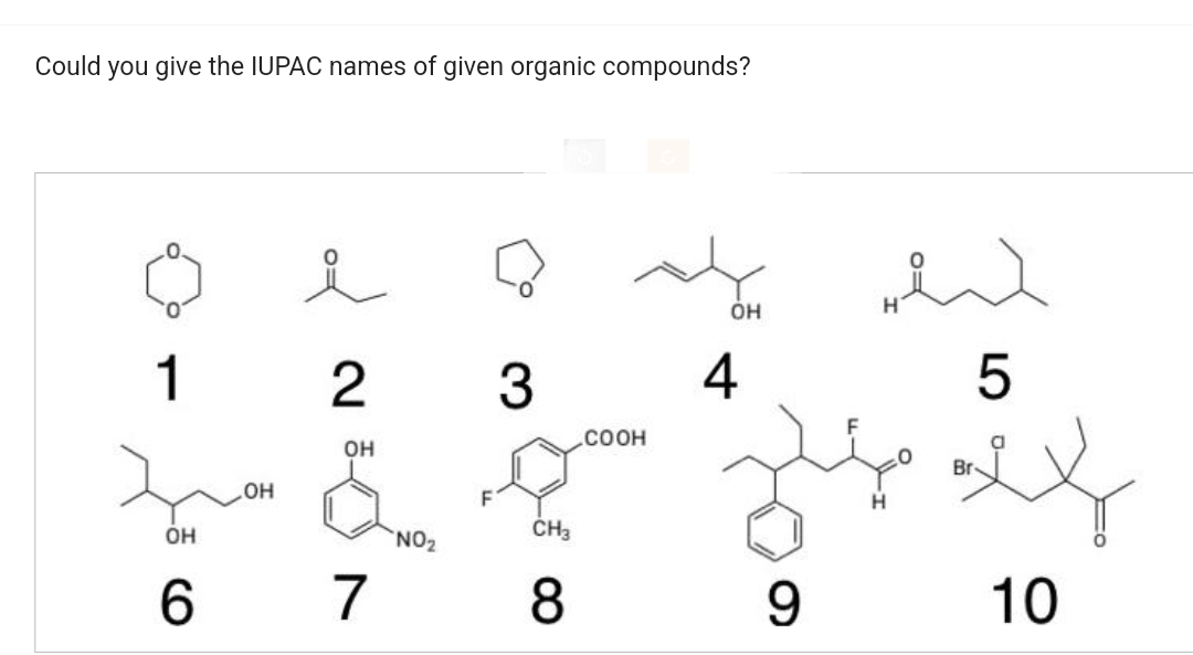 Could you give the IUPAC names of given organic compounds?
1
ОН
6
OH
2
OH
7
NO2
3
CH3
8
COOH
ОН
4
له
9
5
اللاصلاح
10