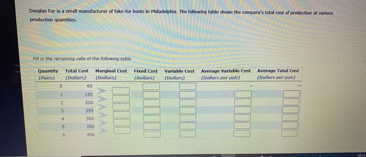 Douglas Fur is a small manufacturer of fake-fur boots in Philadelphia. The following table shows the company's total cost of production at various
production quantities.
Fill in the remaining cells of the following table.
Quantity
(Pairs)
Total Cost
Marginal Cost
Fixed Cost
Variable Cost
Average Variable Cost
Average Total Cost
(Dollars)
(Dollars)
(Dollars)
(Dollars)
(Dollars per pair)
(Dollars per pair)
60
1
155
220
255
300
350
450
10:15
