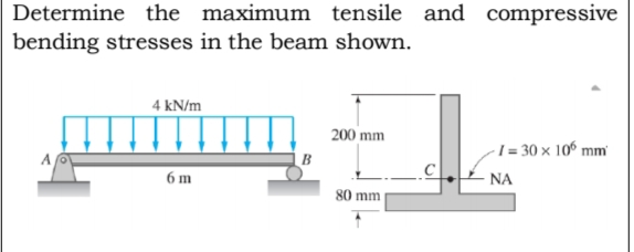 Determine the maximum tensile and compressive
bending stresses in the beam shown.
4 kN/m
200 mm
I = 30 × 10° mm
- NA
A
6 m
80 mm
