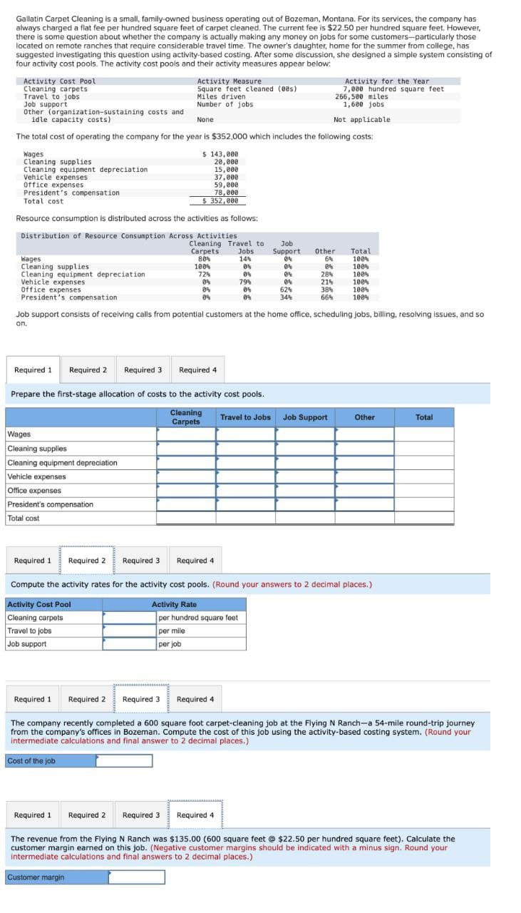 Gallatin Carpet Cleaning is a small, family-owned business operating out of Bozeman, Montana. For its services, the company has
always charged a flat fee per hundred square feet of carpet cleaned. The current fee is $22.50 per hundred square feet. However,
there is some question about whether the company is actually making any money on jobs for some customers-particularly those
located on remote ranches that require considerable travel time. The owner's daughter, home for the summer from college, has
suggested investigating this question using activity-based costing. After some discussion, she designed a simple system consisting of
four activity cost pools. The activity cost pools and their activity measures appear below:
Activity Cost Pool
Cleaning carpets
Travel to jobs
Job support
Other (organization-sustaining costs and
idle capacity costs)
Activity Measure
Square feet cleaned (00s)
Miles driven
Number of jobs
None
Activity for the Year
7,000 hundred square feet
266,500 miles
1,600 jobs
Not applicable
The total cost of operating the company for the year is $352,000 which includes the following costs:
Wages
Cleaning supplies
Cleaning equipment depreciation
Vehicle expenses
Office expenses
President's compensation.
Total cost
$ 143,000
20,000
15,000
37,000
59,000
78,000
$352,000
Resource consumption is distributed across the activities as follows:
Distribution of Resource Consumption Across Activities
Cleaning Travel to
Carpets
Jobs
Job
Support
Other
Total
Wages
80%
14%
0%
6%
100%
Cleaning supplies
100%
0%
0%
0%
100%
Cleaning equipment depreciation
72%
0%
0%
28%
100%
Vehicle expenses
0%
79%
0%
21%
100%
Office expenses
0%
President's compensation
0%
0%
0%
62%
34%
38%
100%
66%
100%
Job support consists of receiving calls from potential customers at the home office, scheduling jobs, billing, resolving issues, and so
on.
Required 1 Required 2 Required 3 Required 4
Prepare the first-stage allocation of costs to the activity cost pools.
Wages
Cleaning supplies
Cleaning equipment depreciation
Vehicle expenses
Office expenses
President's compensation
Total cost
Cleaning
Carpets
Travel to Jobs
Job Support
Other
Total
Required 1 Required 2
Required 3
Required 4
Compute the activity rates for the activity cost pools. (Round your answers to 2 decimal places.)
Activity Cost Pool
Activity Rate
per hundred square feet
Cleaning carpets
Travel to jobs
Job support
per mile
per job
Required 1 Required 2 Required 3
Required 4
The company recently completed a 600 square foot carpet-cleaning job at the Flying N Ranch-a 54-mile round-trip journey
from the company's offices in Bozeman. Compute the cost of this job using the activity-based costing system. (Round your
intermediate calculations and final answer to 2 decimal places.)
Cost of the job
Required 1 Required 2 Required 3
Required 4
The revenue from the Flying N Ranch was $135.00 (600 square feet @ $22.50 per hundred square feet). Calculate the
customer margin earned on this job. (Negative customer margins should be indicated with a minus sign. Round your
intermediate calculations and final answers to 2 decimal places.)
Customer margin