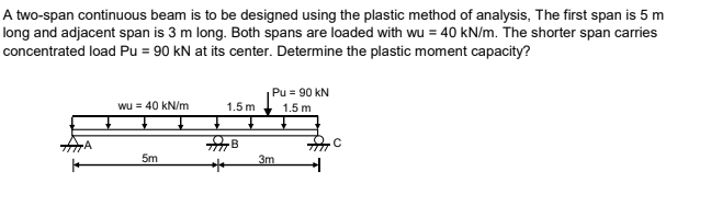 A two-span continuous beam is to be designed using the plastic method of analysis, The first span is 5 m
long and adjacent span is 3 m long. Both spans are loaded with wu = 40 kN/m. The shorter span carries
concentrated load Pu = 90 kN at its center. Determine the plastic moment capacity?
Pu = 90 kN
wu = 40 kN/m
1.5 m
1.5 m
5m
3m
