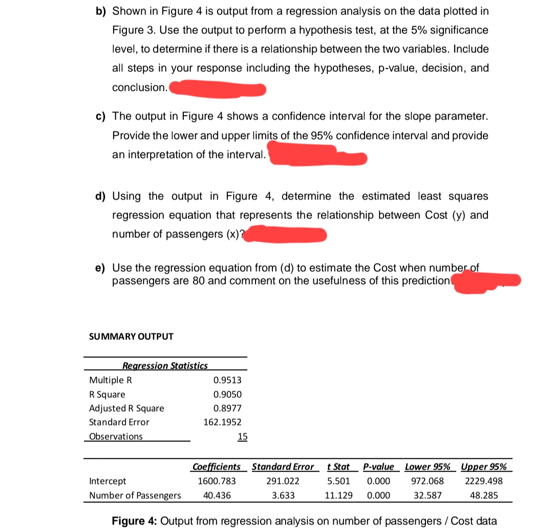 b) Shown in Figure 4 is output from a regression analysis on the data plotted in
Figure 3. Use the output to perform a hypothesis test, at the 5% significance
level, to determine if there is a relationship between the two variables. Include
all steps in your response including the hypotheses, p-value, decision, and
conclusion.
c) The output in Figure 4 shows a confidence interval for the slope parameter.
Provide the lower and upper limits of the 95% confidence interval and provide
an interpretation of the interval.
d) Using the output in Figure 4, determine the estimated least squares
regression equation that represents the relationship between Cost (y) and
number of passengers (x)?
e) Use the regression equation from (d) to estimate the Cost when number of
passengers are 80 and comment on the usefulness of this prediction
SUMMARY OUTPUT
Regression Statistics
Multiple R
R Square
Adjusted R Square
Standard Error
Observations
0.9513
0.9050
0.8977
162.1952
15
Coefficients Standard Error t Stat P-value Lower 95%
5.501 0.000 972.068
11.129 0.000
1600.783
40.436
32.587
291.022
3.633
Upper 95%
2229.498
48.285
Intercept
Number of Passengers
Figure 4: Output from regression analysis on number of passengers / Cost data