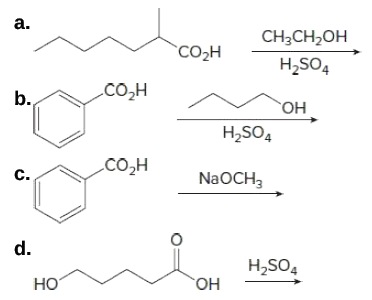 a.
CH3CH,OH
CООН
H2SO4
b.
.CO,H
Он
H,SO4
Co,H
c.
NaOCH,
d.
H,SO,
Но
Он
