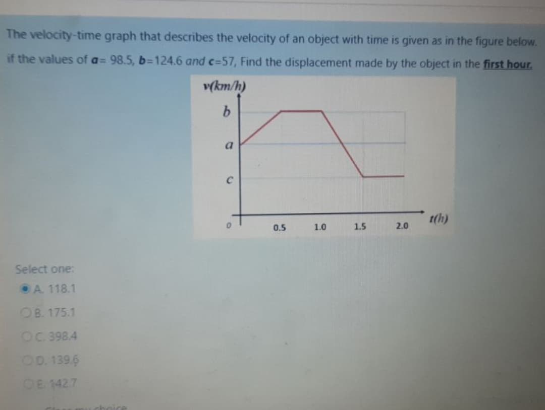 The velocity-time graph that describes the velocity of an object with time is given as in the figure below.
if the values of a= 98.5, b=124.6 and c=57, Find the displacement made by the object in the first hour.
v(km/h)
b.
a
t(h)
0.5
1.0
1.5
2.0
Select one:
A. 118.1
OB. 175.1
OC 398.4
OD. 139.6
OE 142.7
choice
