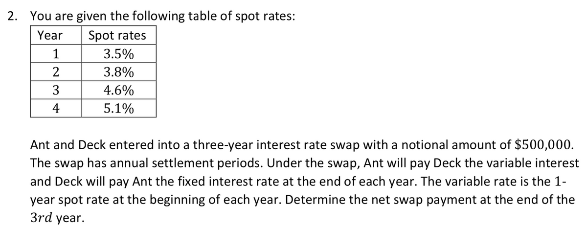 2. You are given the following table of spot rates:
Year
Spot rates
1
3.5%
3.8%
3
4.6%
4
5.1%
Ant and Deck entered into a three-year interest rate swap with a notional amount of $500,000.
The swap has annual settlement periods. Under the swap, Ant will pay Deck the variable interest
and Deck will pay Ant the fixed interest rate at the end of each year. The variable rate is the 1-
year spot rate at the beginning of each year. Determine the net swap payment at the end of the
3rd year.
