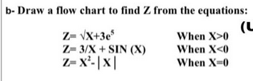 b- Draw a flow chart to find Z from the equations:
(U
Z= √x+3e5
Z=3/X+SIN (X)
Z=X²-|X|
When X>0
When X<0
When X=0
