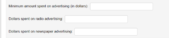 Minimum amount spent on advertising (in dollars):
Dollars spent on radio advertising:
Dollars spent on newspaper advertising: