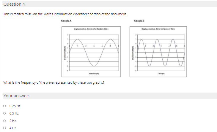 Question 4
This is realted to #6 on the Waves Introduction Worksheet portion of the document.
Graph A
Graph B
Displeoment vs. Pesten erRontom We
Displacementvs. Time or ontem Ware
Pestonm
Time
What is the frequency of the wave represented by these two graphs?
Your answer:
O 0.25 Hz
O 0.5 Hz
2 Hz
4 Hz
